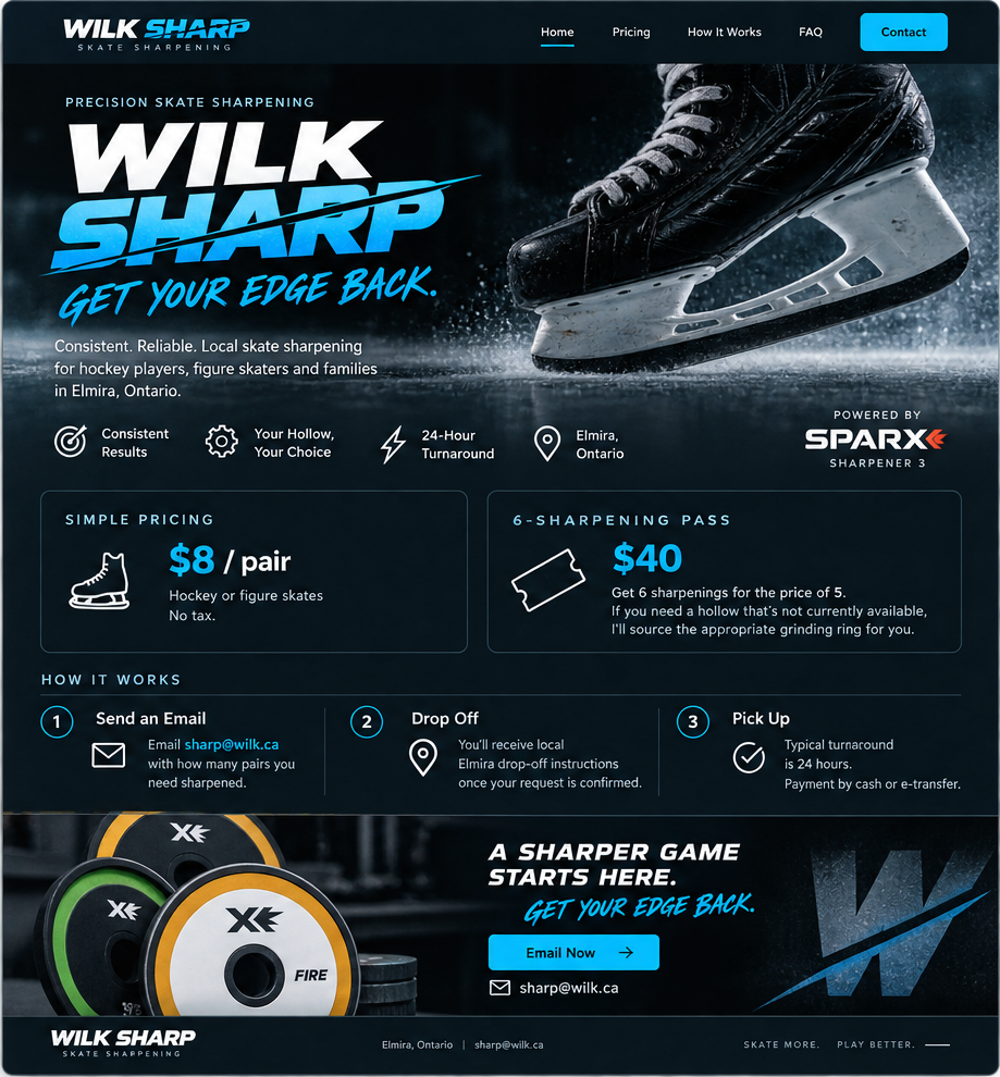 WILK SHARP skate sharpening — $8 per pair, 24-hour turnaround, Elmira Ontario